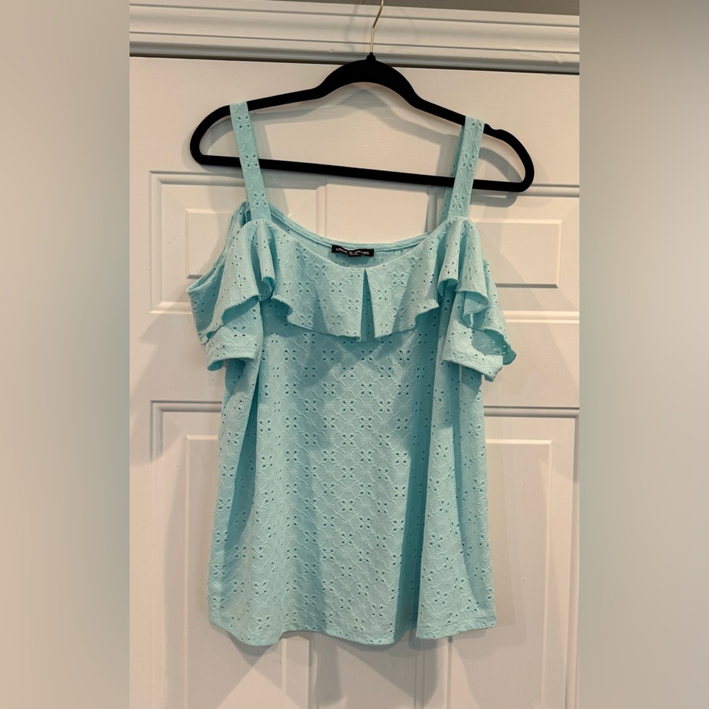 Cold Shoulder Aqua Eyelet Blouse With Ruffle